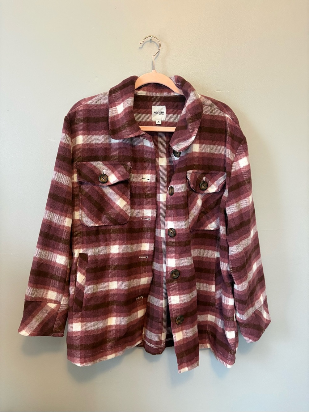 kensie Burgundy and White Plaid Utility Shacket